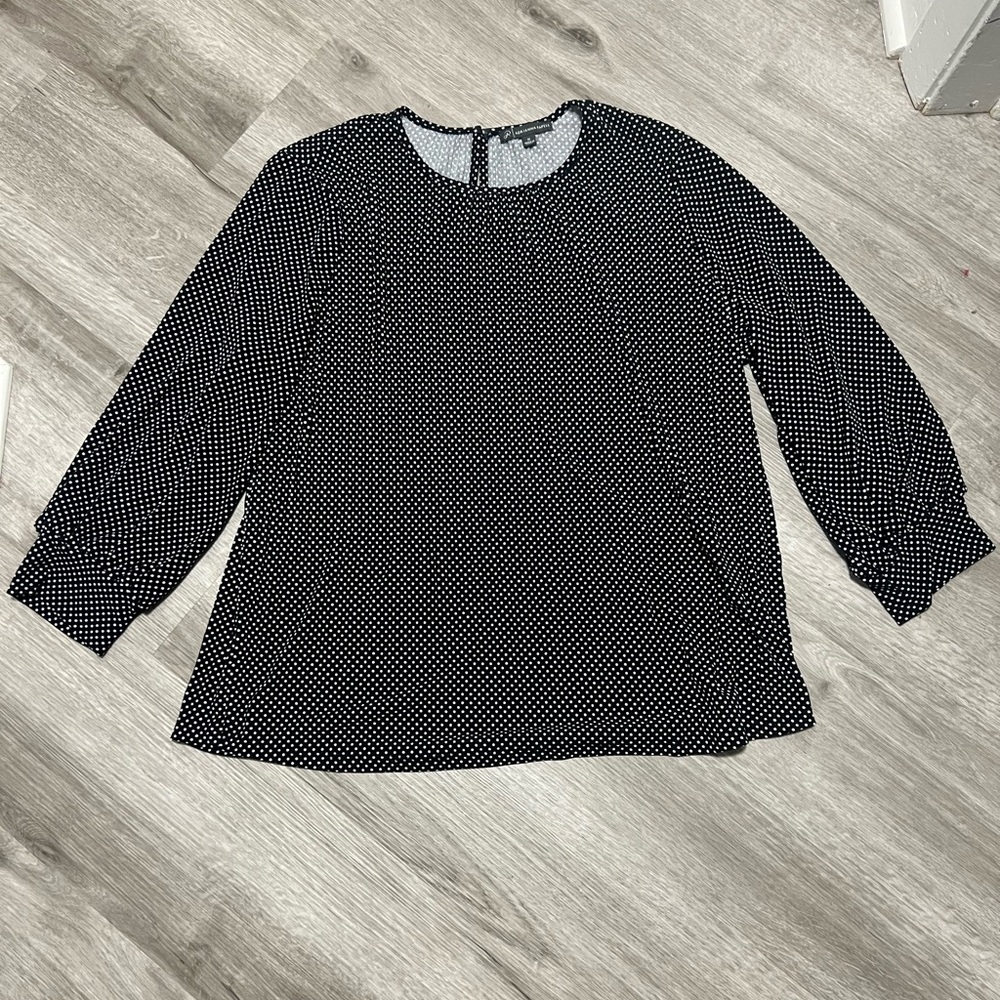 Adrianna Papell black blouse w/ white‎ polka dots, size M, EUC